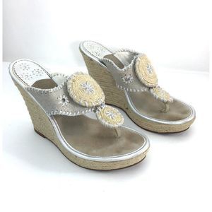 Jack Rogers Mallorca Silver Metallic Linen Espadrilles Wedges Sandals 8.5